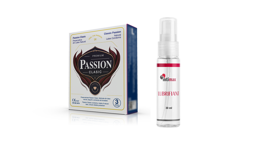 Lubrifiant INTIMAX pe bază de apă și cutie de prezervative PASSION Clasic, ambalaje reale, alăturate