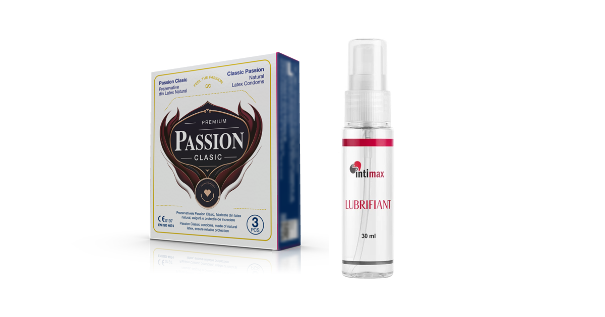 Lubrifiant INTIMAX pe bază de apă și cutie de prezervative PASSION Clasic, ambalaje reale, alăturate