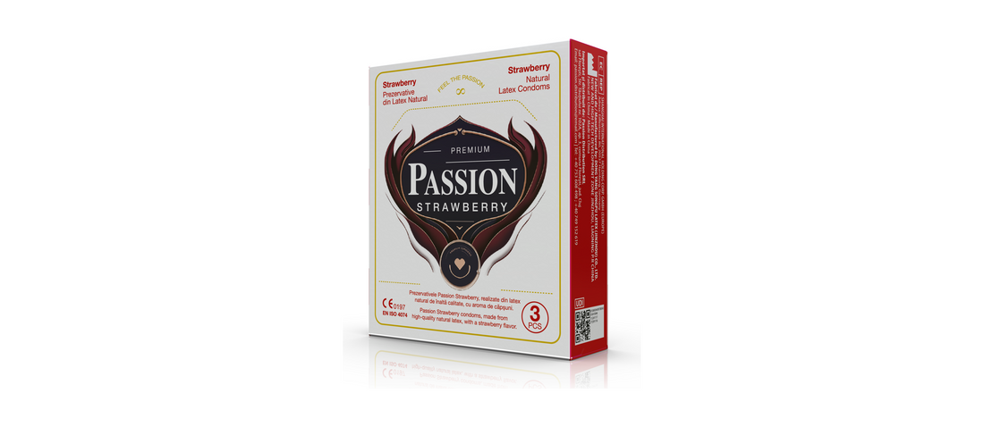 Prezervative PASSION Strawberry, din latex natural, aromă de căpșuni, diametru 52 mm