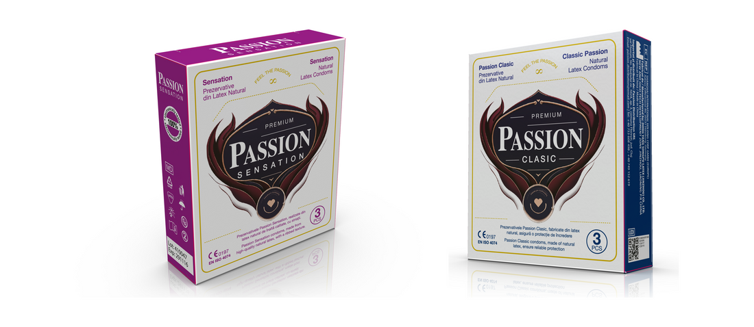 Prezervative PASSION Sensation și PASSION Clasic, din latex natural, diametru 52 mm