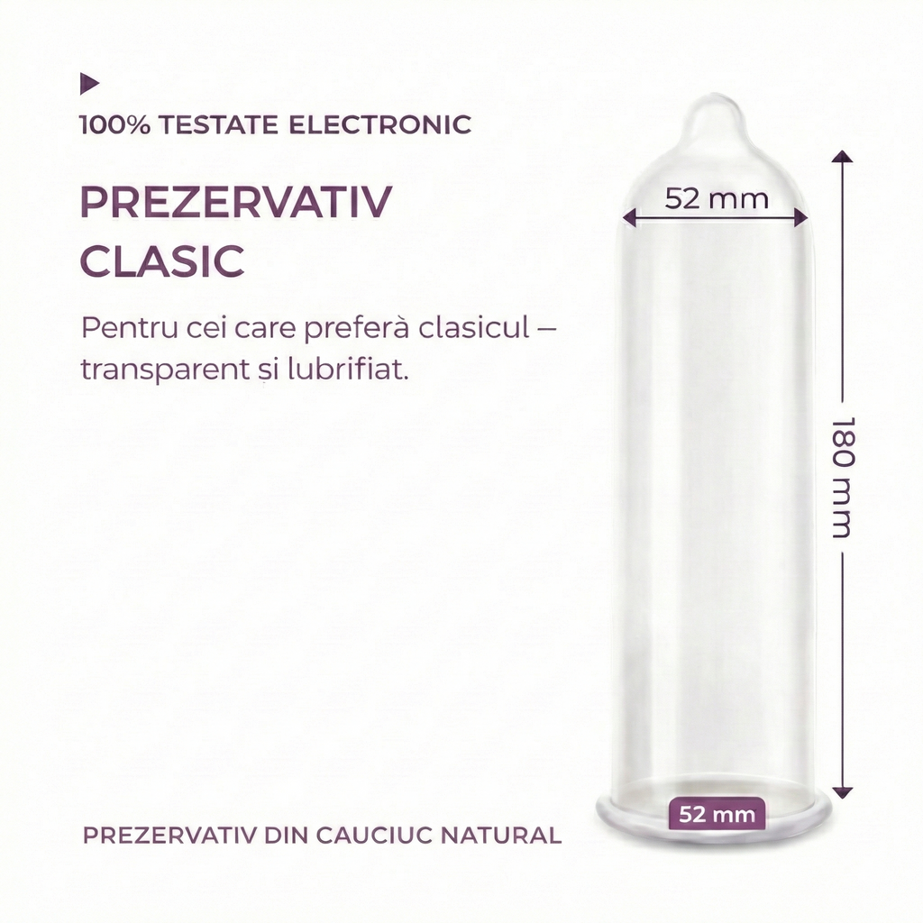 Prezervative PASSION Clasic, din latex natural, lubrifiate și rezistente, diametru 52 mm