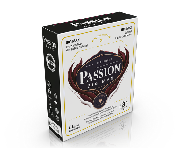 Prezervative PASSION Big Max, din latex natural, lubrifiate și rezistente, diametru 55 mm