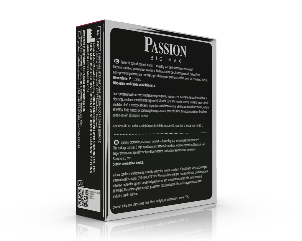 Prezervative PASSION Big Max, din latex natural, lubrifiate și rezistente, diametru 55 mm
