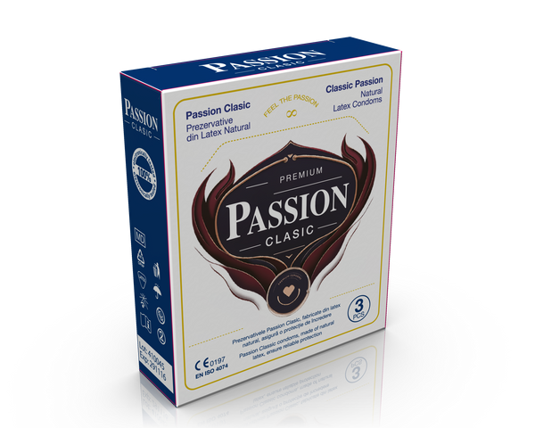 Prezervative PASSION Clasic, din latex natural, lubrifiate și rezistente, diametru 52 mm