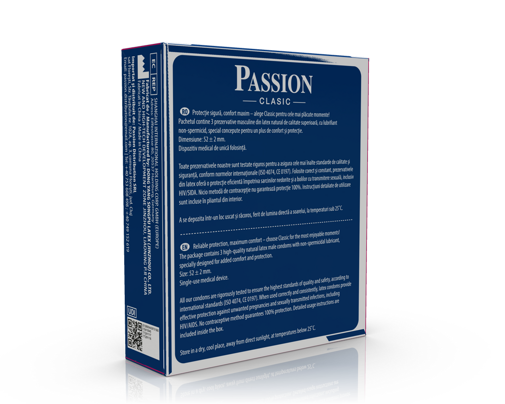Prezervative PASSION Clasic, din latex natural, lubrifiate și rezistente, diametru 52 mm