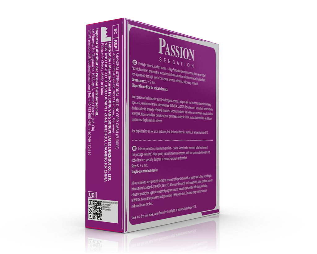 Prezervative PASSION Sensation, din latex natural, lubrifiate, cu puncte pentru stimulare, diametru 52 mm