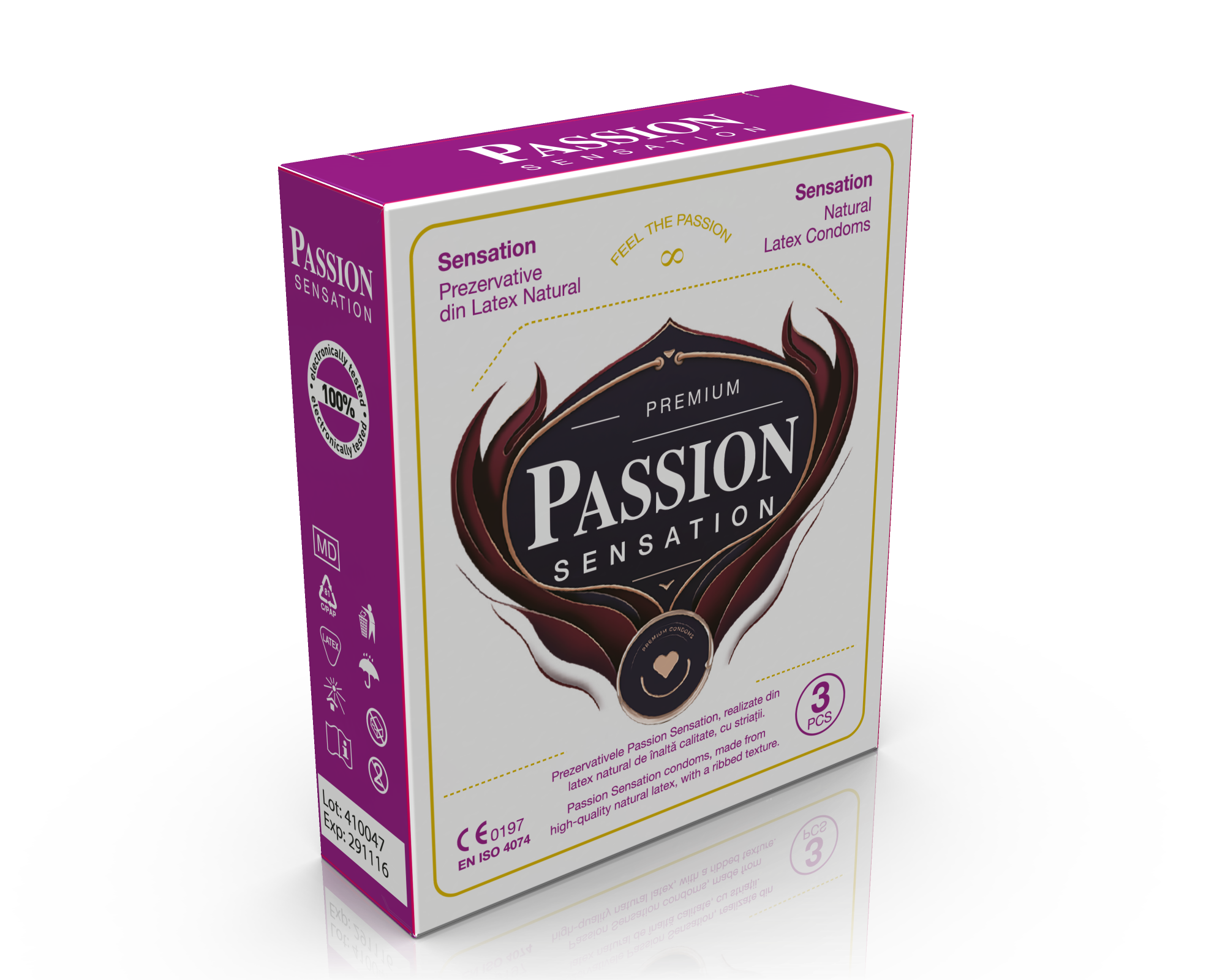 Prezervative PASSION Sensation, din latex natural, lubrifiate, cu puncte pentru stimulare, diametru 52 mm