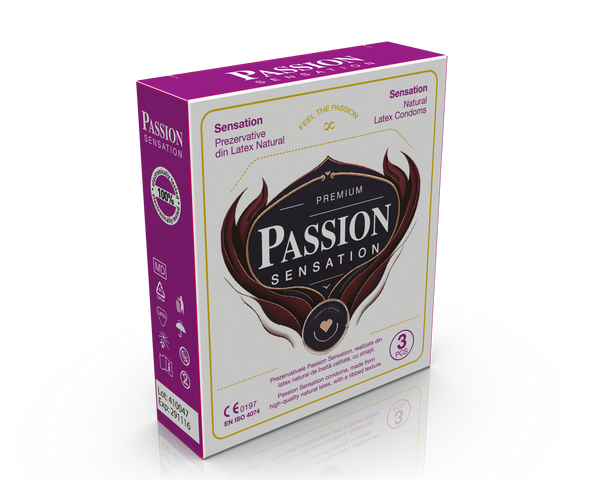 Prezervative PASSION Sensation, din latex natural, lubrifiate, cu puncte pentru stimulare, diametru 52 mm