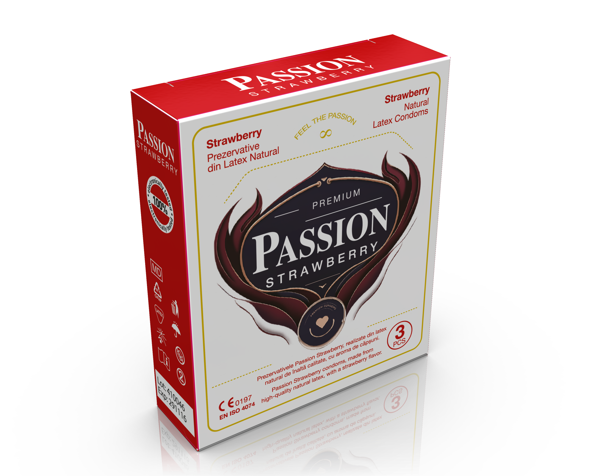 Prezervative PASSION Strawberry, din latex natural colorat, lubrifiate, aromă de căpșuni, diametru 52 mm