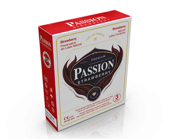 Prezervative PASSION Strawberry, din latex natural transparent, lubrifiate, aromă de căpșuni, diametru 52 mm