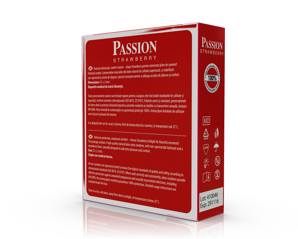 Prezervative PASSION Strawberry, din latex natural transparent, lubrifiate, aromă de căpșuni, diametru 52 mm