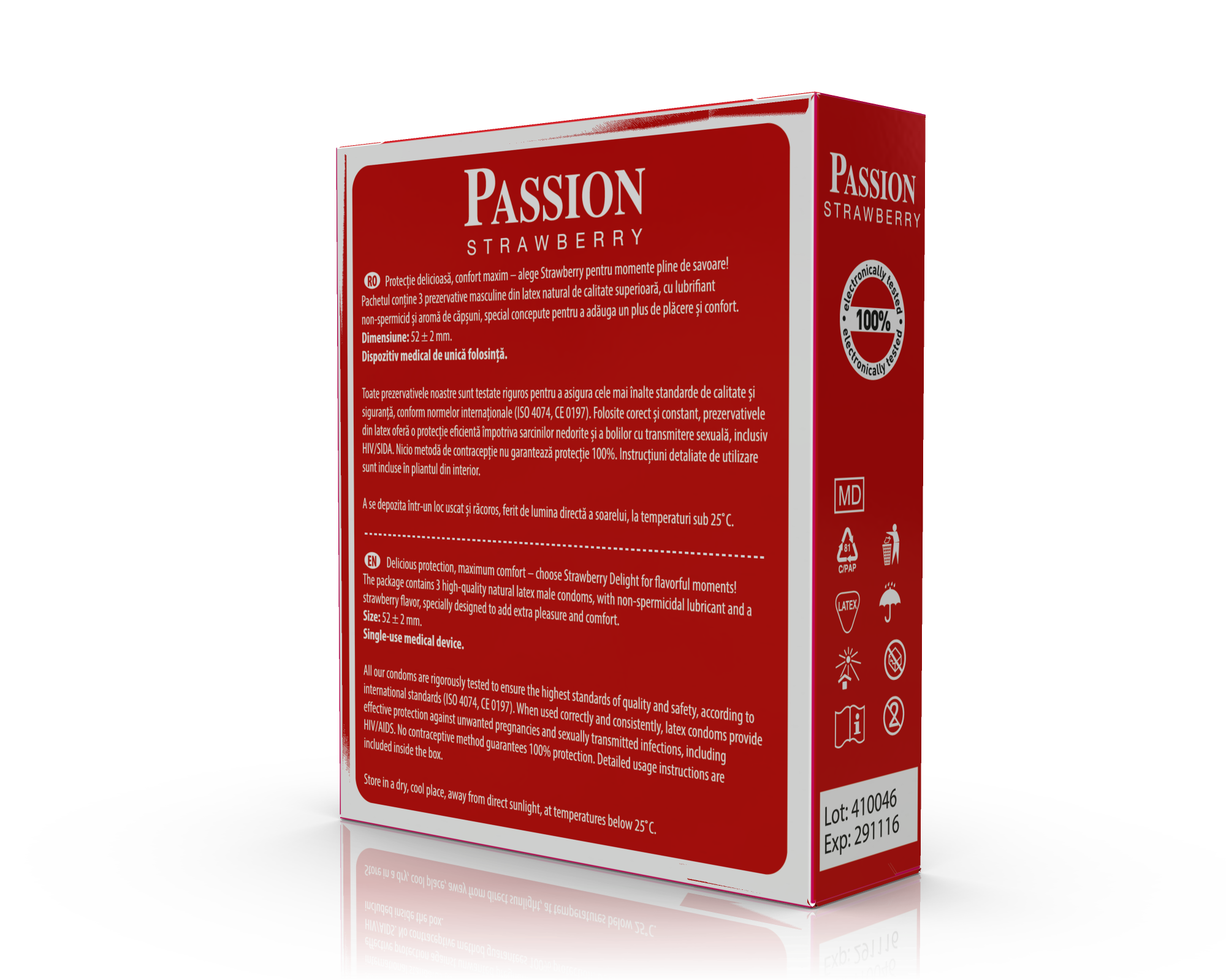 Prezervative PASSION Strawberry, din latex natural transparent, lubrifiate, aromă de căpșuni, diametru 52 mm