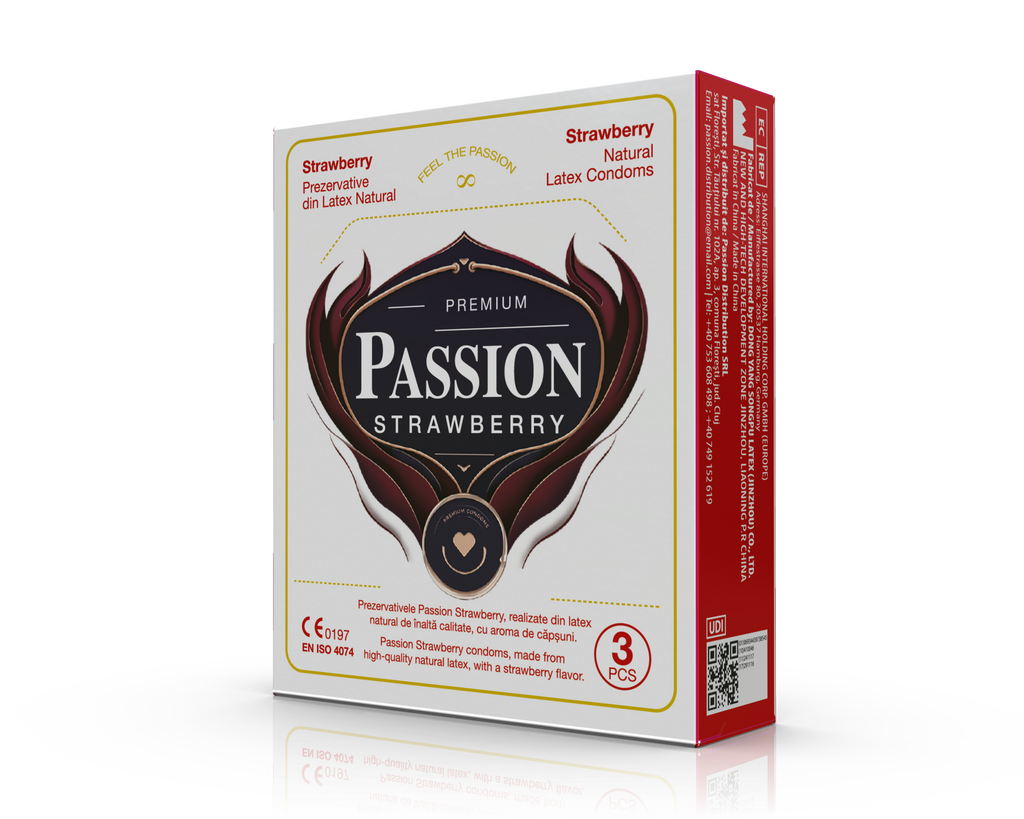 Prezervative PASSION Strawberry, din latex natural colorat, lubrifiate, aromă de căpșuni, diametru 52 mm