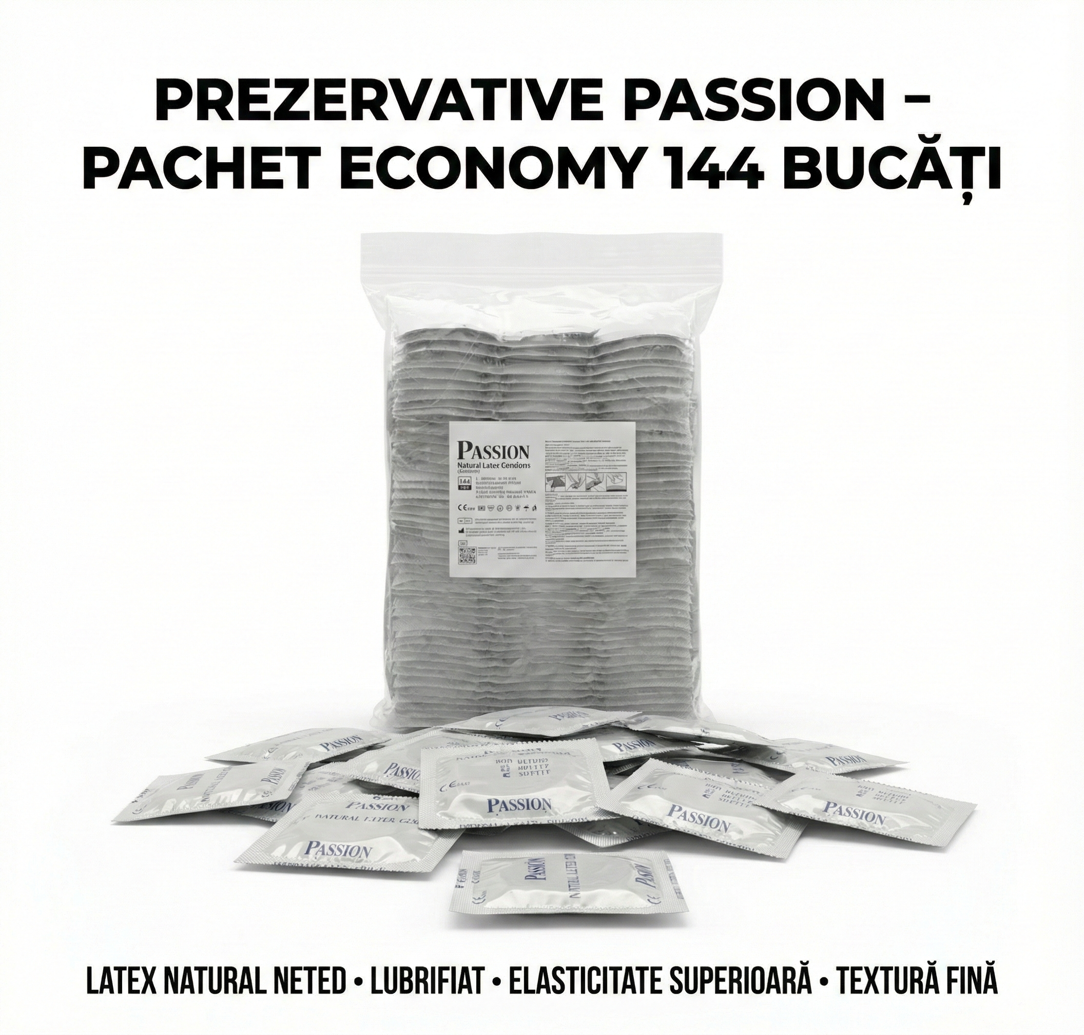 Prezervative Passion, set 144 bucati, latex natural, lubrifiate, textura fina, elasticitate superioara