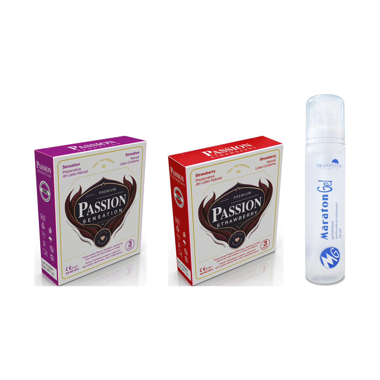 Pachet cu prezervative PASSION Sensation, PASSION Strawberry si lubrifiant MARATON Gel