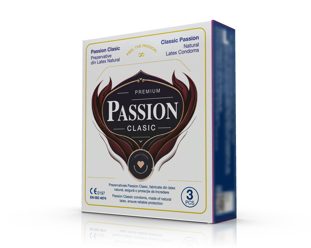 Prezervative PASSION Clasic, din latex natural, lubrifiate și rezistente, diametru 52 mm