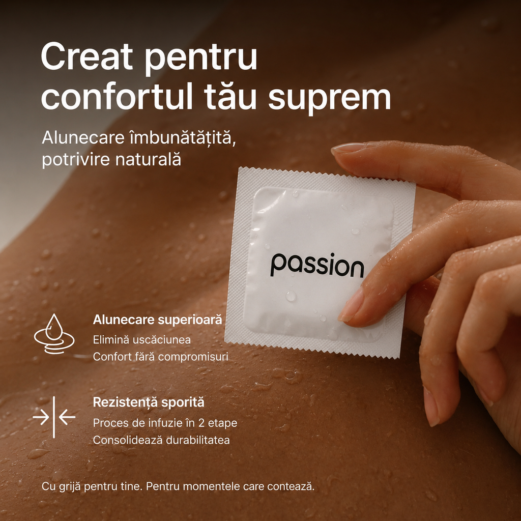 Prezervative PASSION Sensation, din latex natural, lubrifiate, cu puncte pentru stimulare, diametru 52 mm